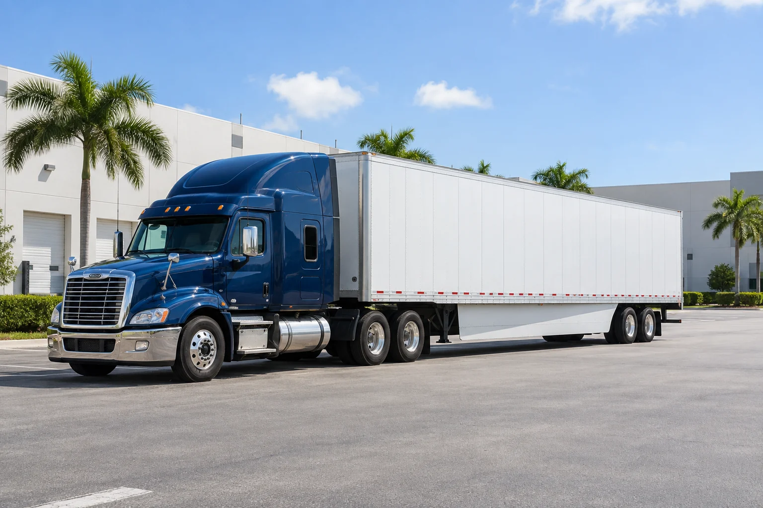 Blue tractor and white dry van in a sunny South Florida industrial park