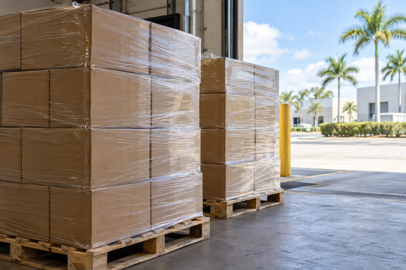Wrapped pallets of plain cartons staged at a sunny loading area