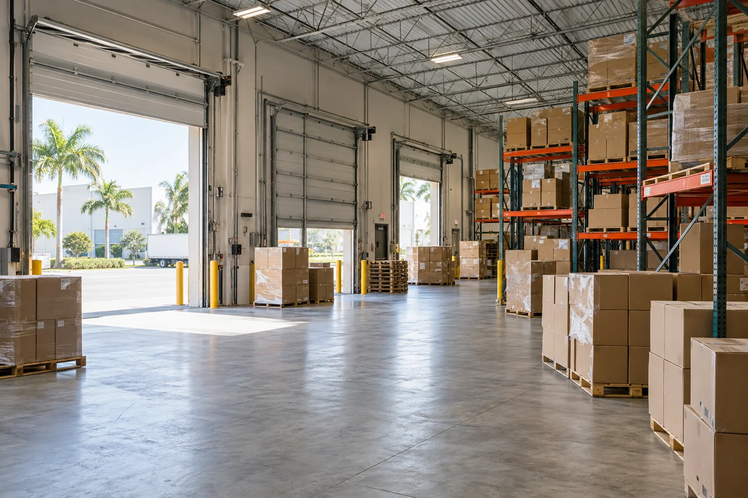 Bright warehouse floor with loading doors, racks and plain palletized cartons