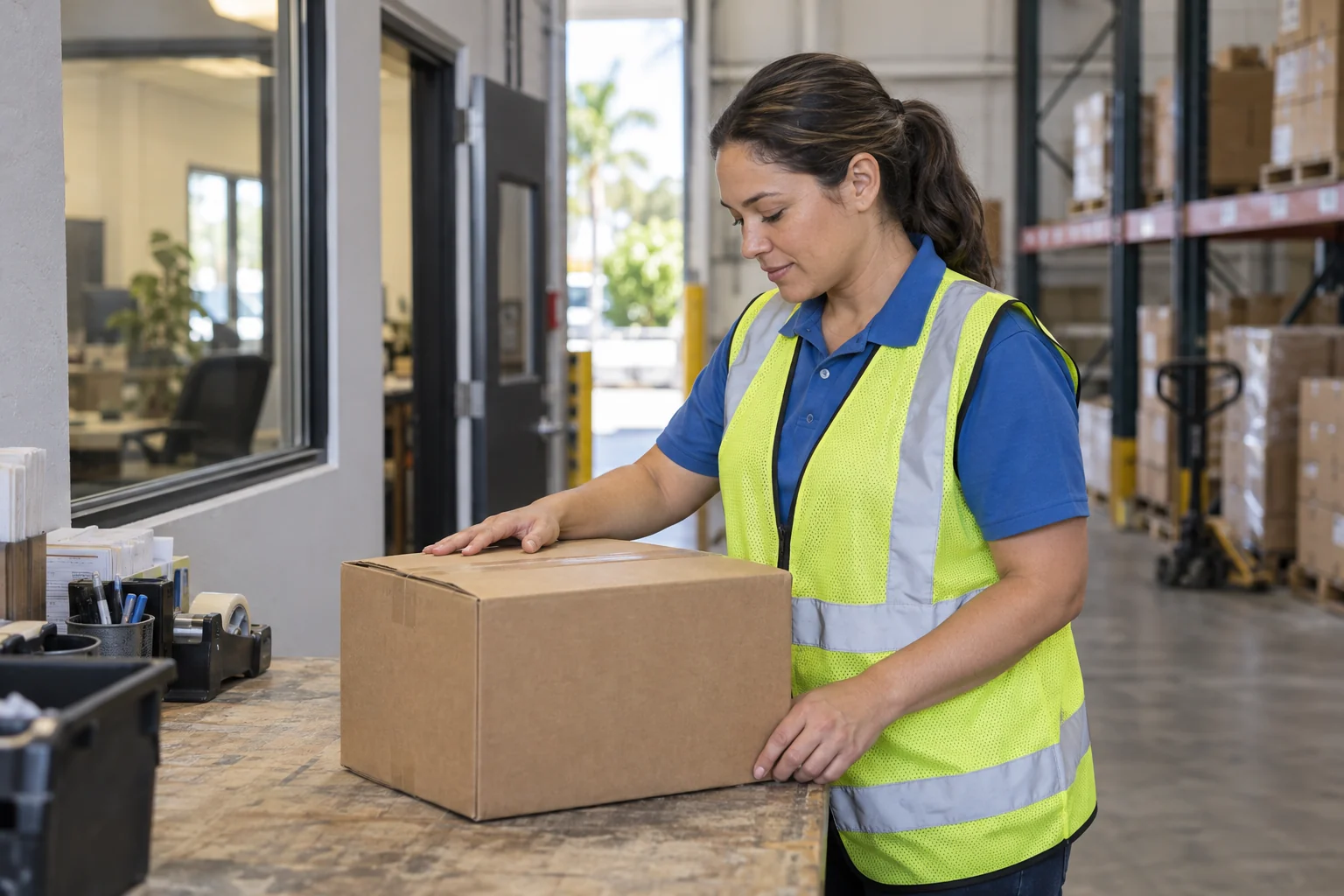Warehouse worker checking a closed carton at a workbench